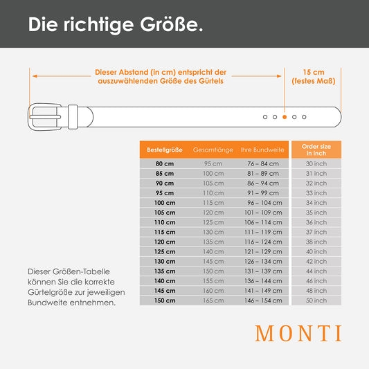 MONTI Gürtelgrößen-Tabelle – so findest du die richtige Gürtelgröße einfach und schnell